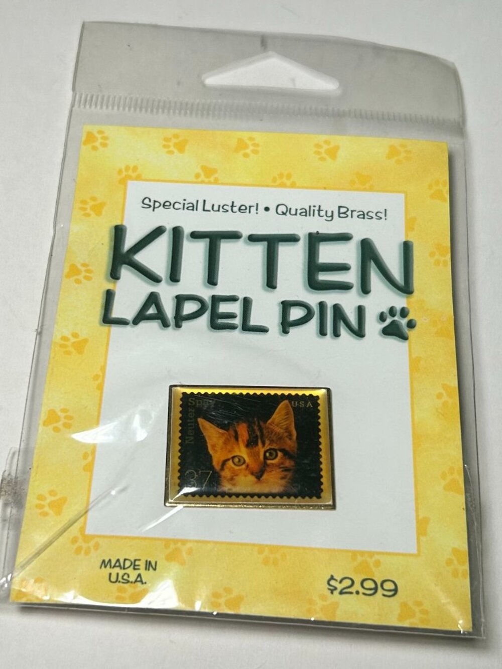 Vintage USPS Kitten Postage Stamp Brass Lapel Pin NWT